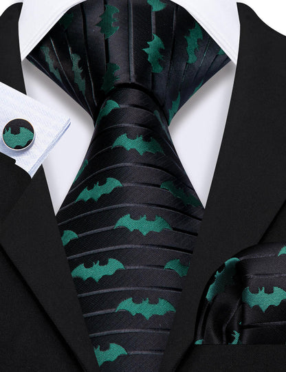 Black Green Novelty Bat Silk Tie, Pocket Square and Cufflinks Set tie sets    - Sophisticated Gentlemen