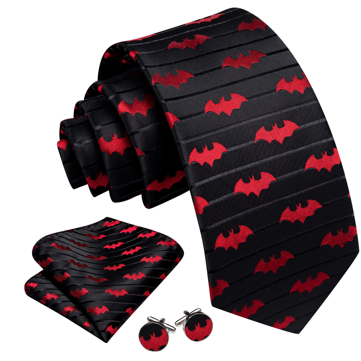 Black Red Jacquard Bat Silk Tie, Pocket Square and Cufflinks Set tie sets    - Sophisticated Gentlemen