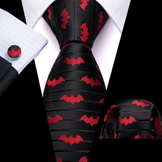 Black Red Jacquard Bat Silk Tie, Pocket Square and Cufflinks Set tie sets    - Sophisticated Gentlemen
