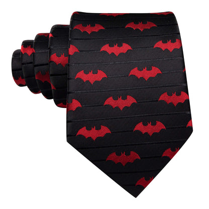 Black Red Jacquard Bat Silk Tie, Pocket Square and Cufflinks Set tie sets    - Sophisticated Gentlemen