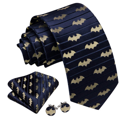 Navy Blue Yellow Jacquard Woven Bat Silk Tie, Pocket Square and Cufflinks Set tie sets    - Sophisticated Gentlemen