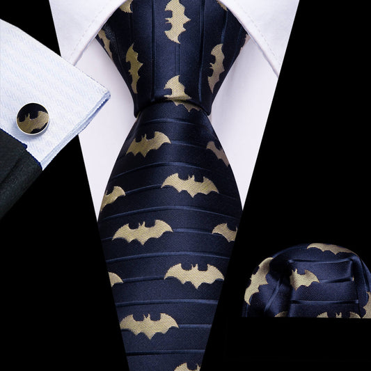 Navy Blue Yellow Jacquard Woven Bat Silk Tie, Pocket Square and Cufflinks Set tie sets    - Sophisticated Gentlemen