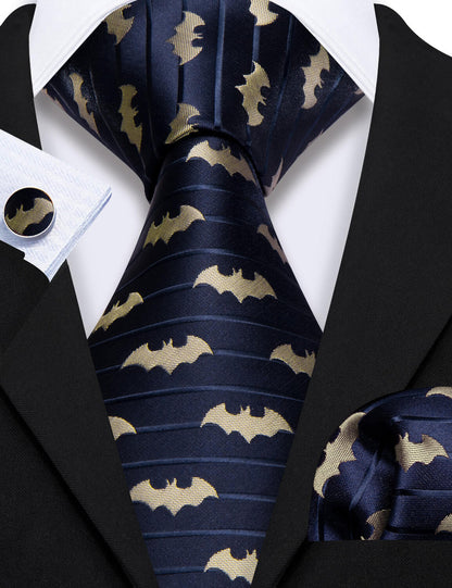 Navy Blue Yellow Jacquard Woven Bat Silk Tie, Pocket Square and Cufflinks Set tie sets    - Sophisticated Gentlemen