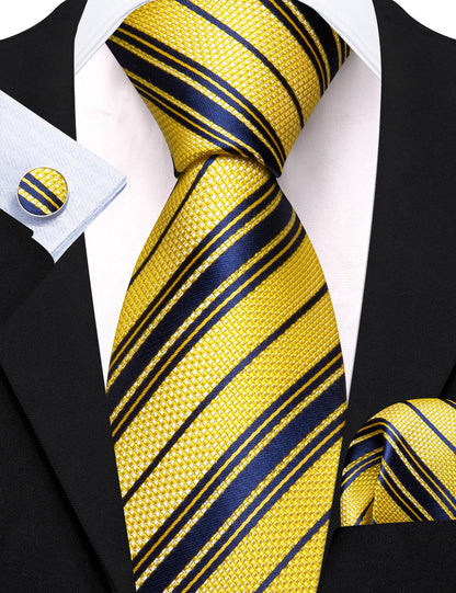 Yellow Navy Blue Striped Tie, Pocket Square and Cufflinks Set tie sets    - Sophisticated Gentlemen