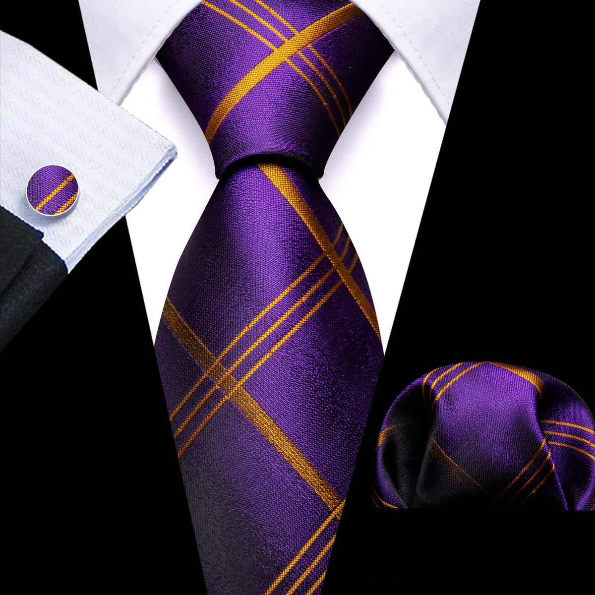 Regal Purple and Gold Plaid Tie, Pocket Square, and Cufflinks Set tie sets    - Sophisticated Gentlemen