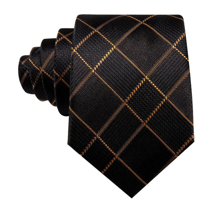 Black Golden Plaid Stripes Tie, Pocket Square and Cufflinks Set tie sets    - Sophisticated Gentlemen