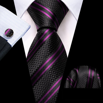 Black Purple Stripes Tie, Pocket Square and Cufflinks Set tie sets    - Sophisticated Gentlemen