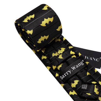 Yellow Black Bat Novelty Jacquard Tie, Pocket Square and Cufflinks Set tie sets    - Sophisticated Gentlemen