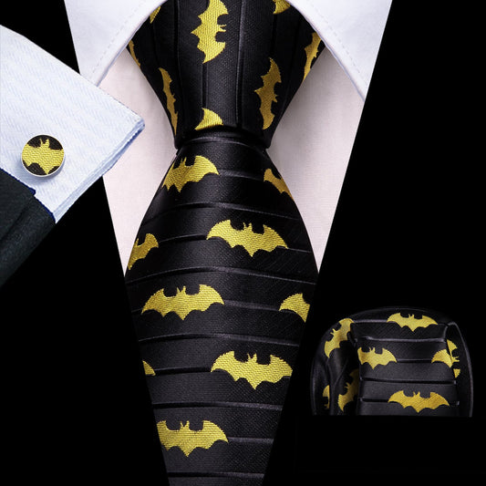 Yellow Black Bat Novelty Jacquard Tie, Pocket Square and Cufflinks Set tie sets    - Sophisticated Gentlemen