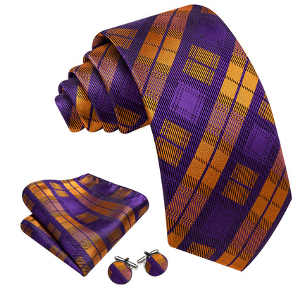 Purple Orange Plaid Novelty Tie, Pocket Square and Cufflinks Set tie sets    - Sophisticated Gentlemen