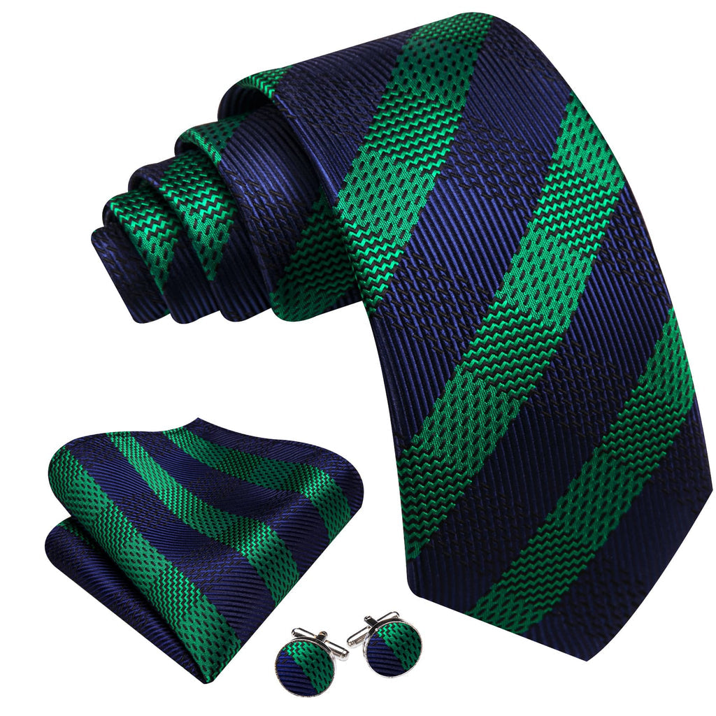 Blue Green Striped Tie, Pocket Square and Cufflinks Set tie sets    - Sophisticated Gentlemen