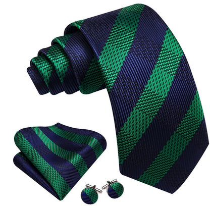 Blue Green Striped Tie, Pocket Square and Cufflinks Set tie sets    - Sophisticated Gentlemen