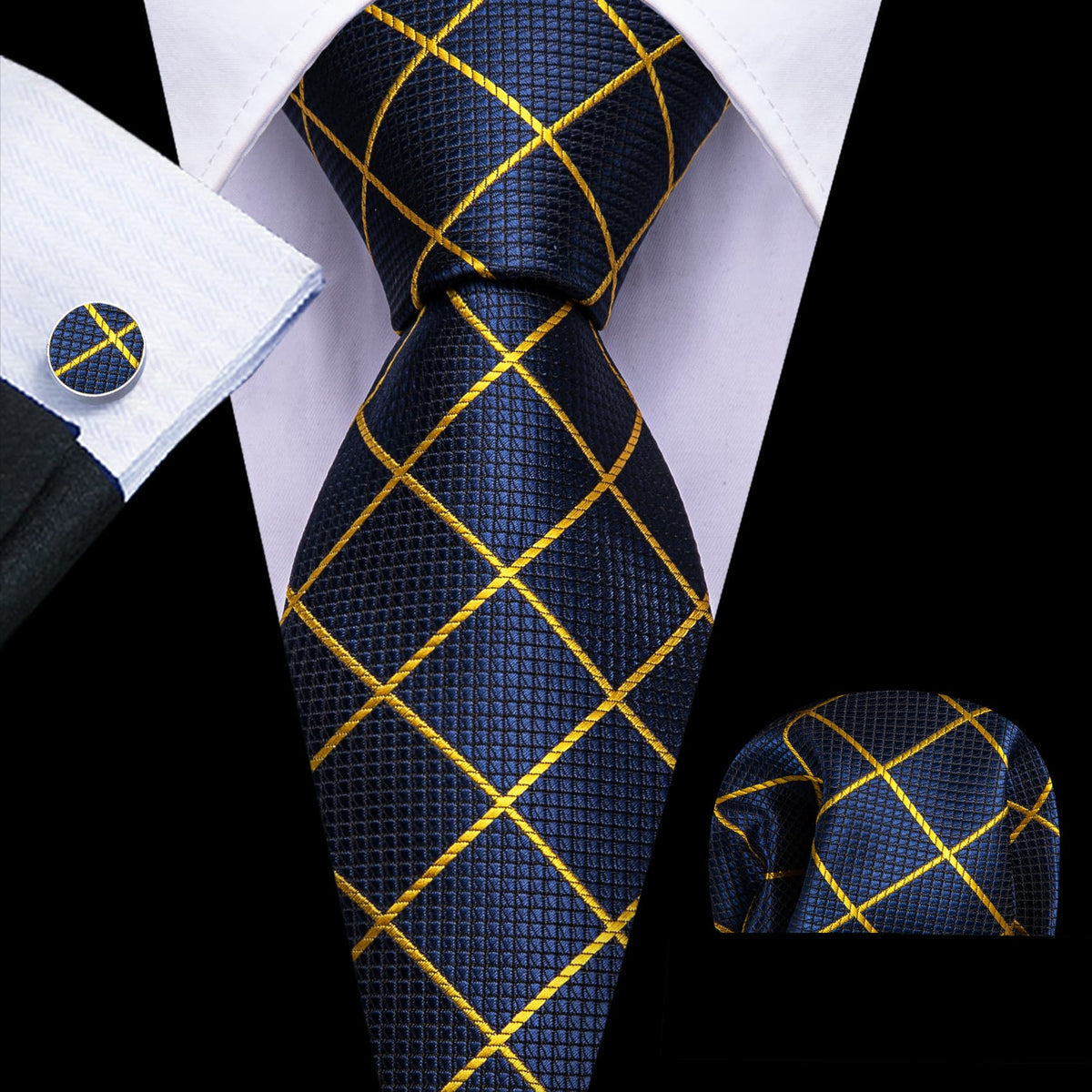 Royal Blue Yellow Lines Tie, Pocket Square and Cufflinks Set tie sets    - Sophisticated Gentlemen