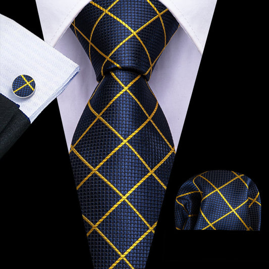 Royal Blue Yellow Lines Tie, Pocket Square and Cufflinks Set tie sets    - Sophisticated Gentlemen