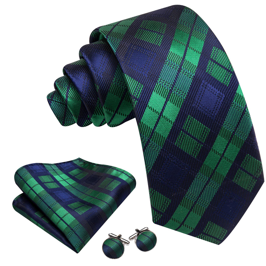 Blue Green Checkered Tie, Pocket Square and Cufflinks Set tie sets    - Sophisticated Gentlemen