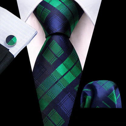 Blue Green Checkered Tie, Pocket Square and Cufflinks Set tie sets    - Sophisticated Gentlemen