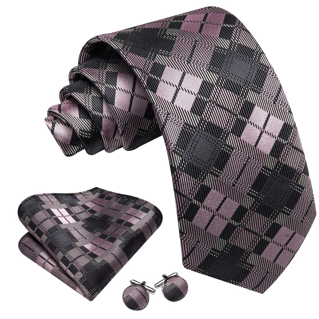 Black Gray Pink Checkered Tie, Pocket Square and Cufflinks Set tie sets    - Sophisticated Gentlemen
