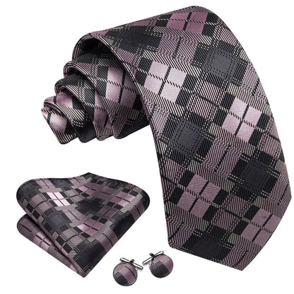 Black Gray Pink Checkered Tie, Pocket Square and Cufflinks Set tie sets    - Sophisticated Gentlemen