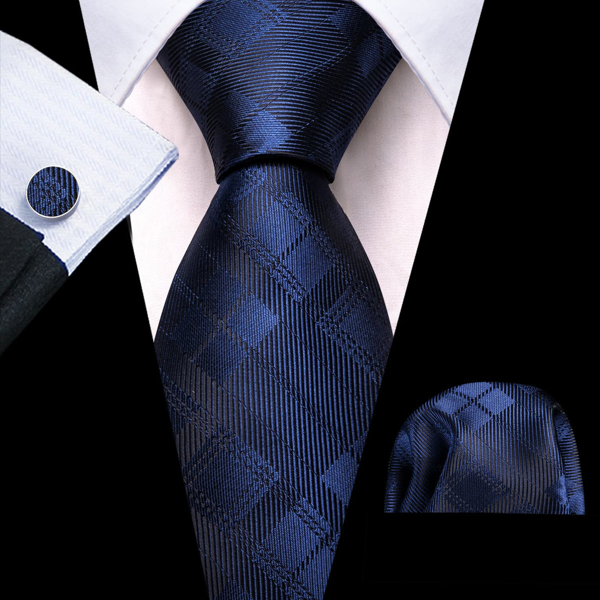 Black Blue Checkered Tie, Pocket Square and Cufflinks Set tie sets    - Sophisticated Gentlemen