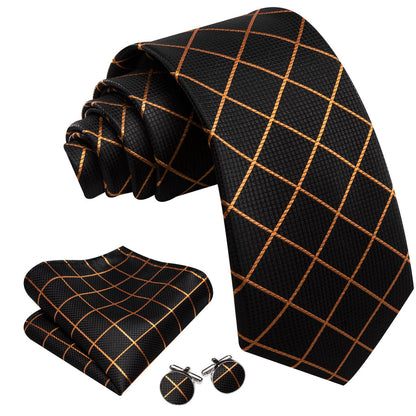Black Gold Lines Checkered Tie, Pocket Square and Cufflinks Set tie sets    - Sophisticated Gentlemen
