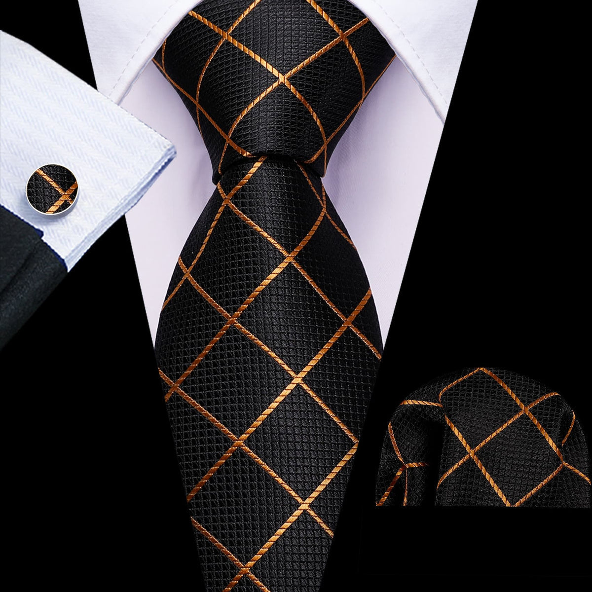 Black Gold Lines Checkered Tie, Pocket Square and Cufflinks Set tie sets    - Sophisticated Gentlemen