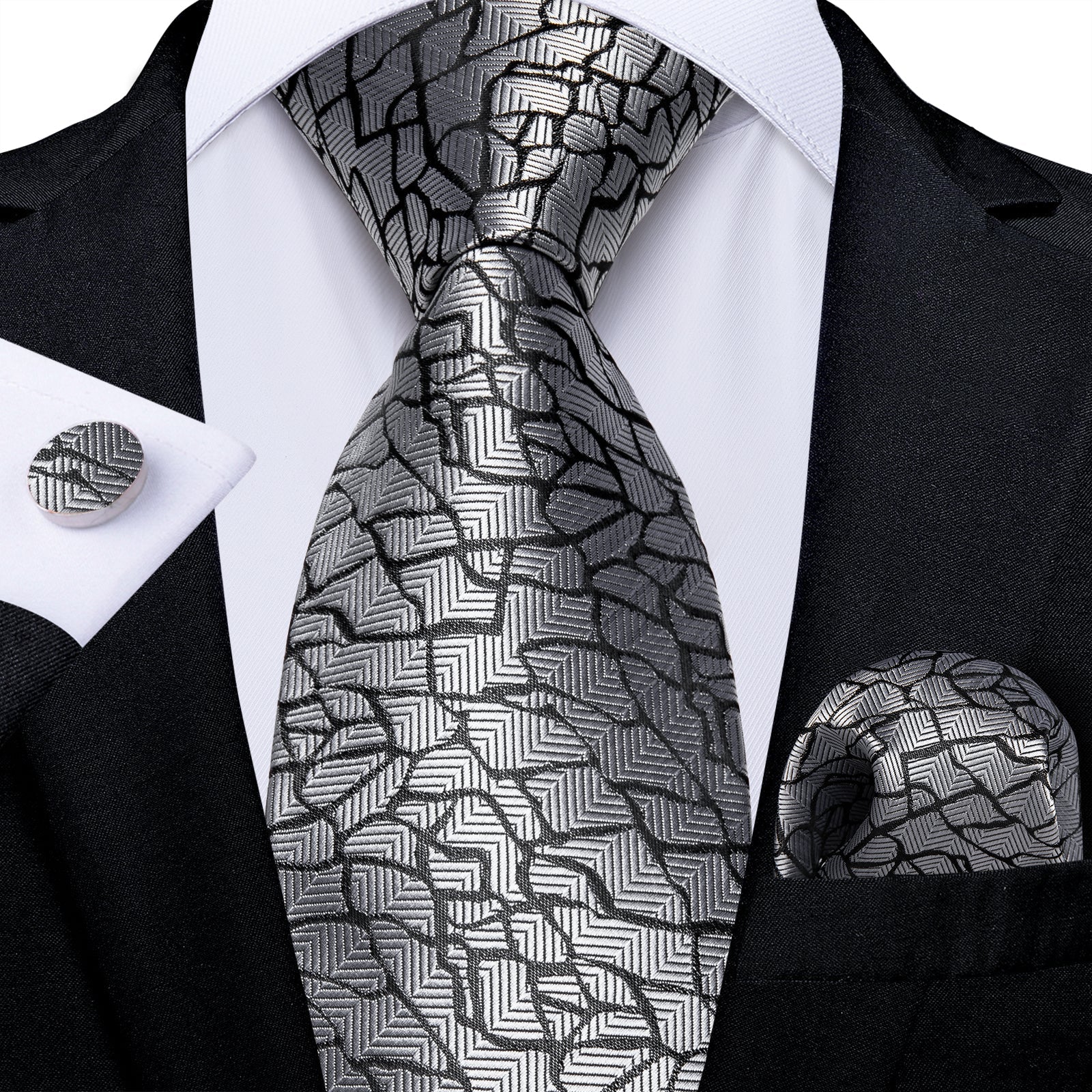 Silver Pieces Tie, Pocket Square and Cufflinks tie set Standard Packaging   - Sophisticated Gentlemen