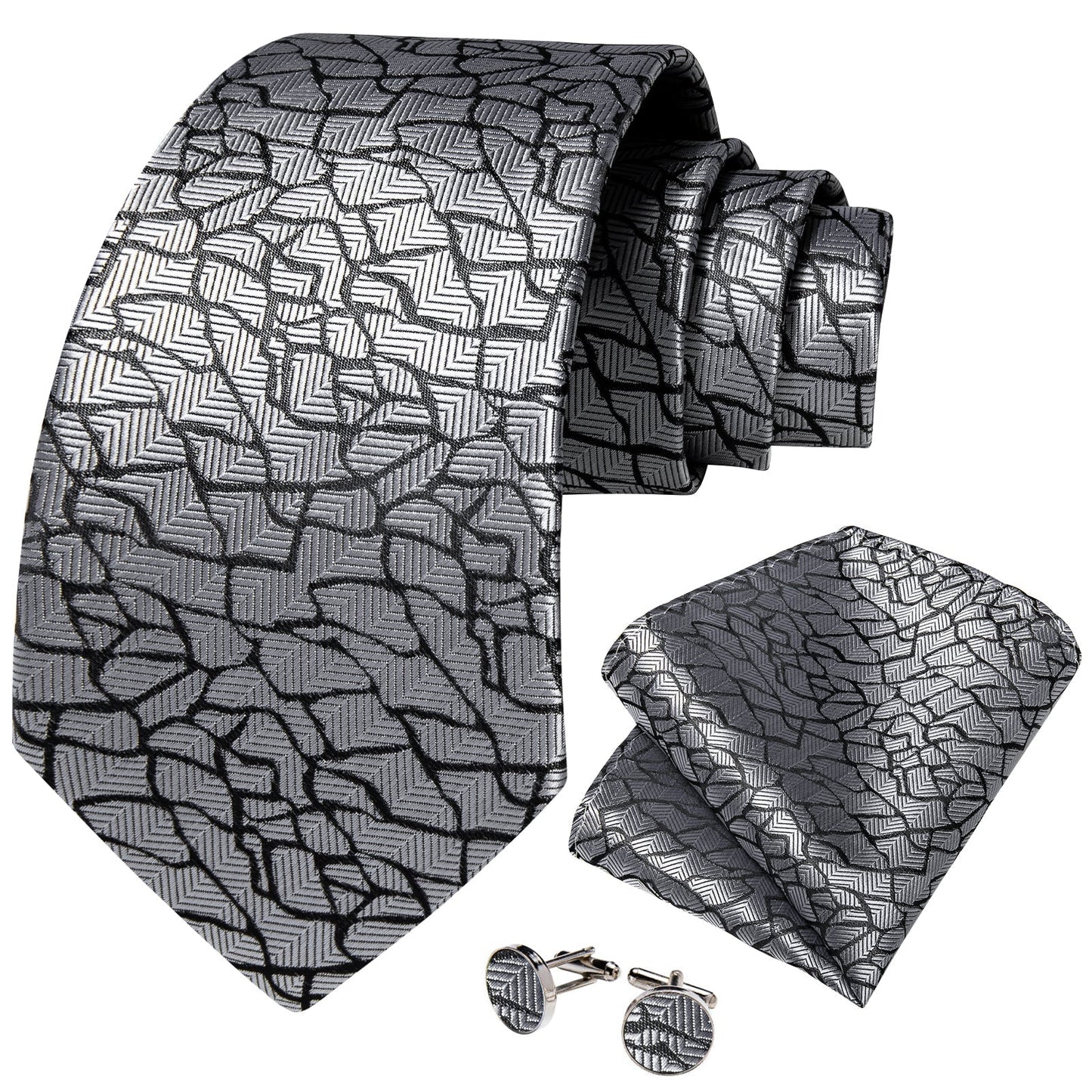 Silver Pieces Tie, Pocket Square and Cufflinks tie set    - Sophisticated Gentlemen