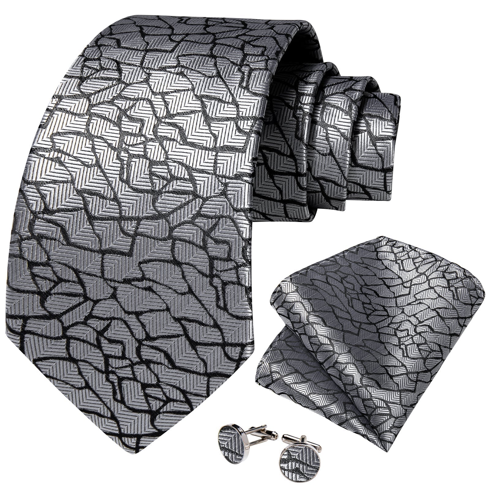 Silver Pieces Tie, Pocket Square and Cufflinks tie set    - Sophisticated Gentlemen