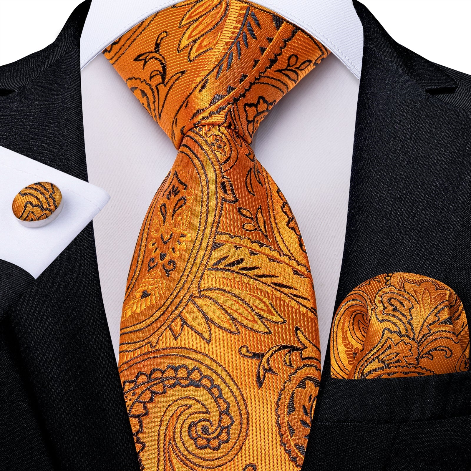 Orange and Black Paisley Silk Tie, Pocket Square and Cufflinks tie sets    - Sophisticated Gentlemen