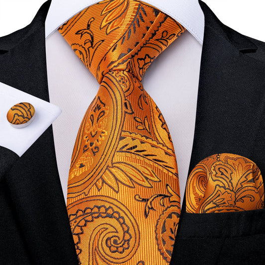 Orange and Black Paisley Silk Tie, Pocket Square and Cufflinks tie sets    - Sophisticated Gentlemen