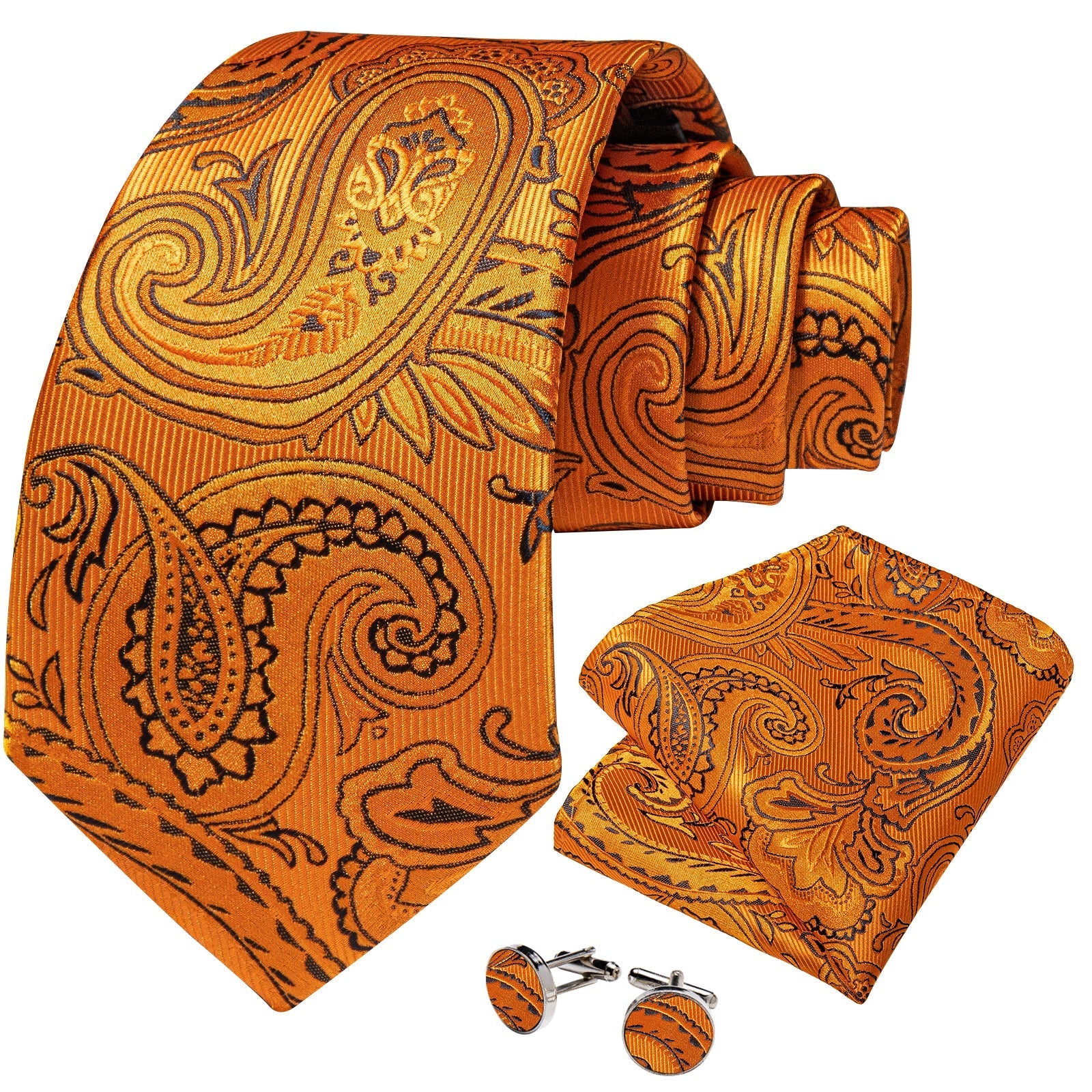 Orange and Black Paisley Silk Tie, Pocket Square and Cufflinks tie sets    - Sophisticated Gentlemen