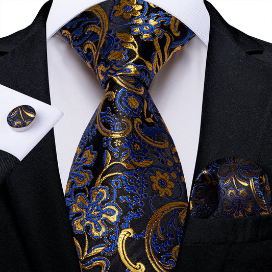 Elegant Black, Blue, and Gold Floral Silk Tie, Pocket Square and Cufflinks tie sets    - Sophisticated Gentlemen
