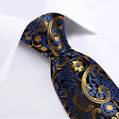Elegant Black, Blue, and Gold Floral Silk Tie, Pocket Square and Cufflinks tie sets    - Sophisticated Gentlemen