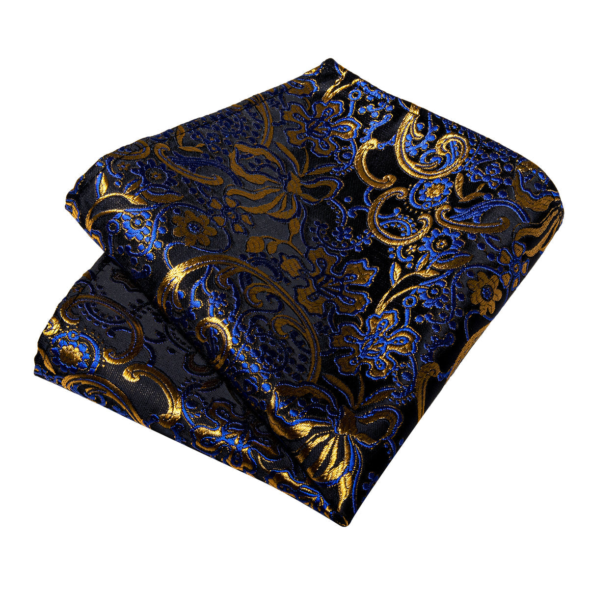 Elegant Black, Blue, and Gold Floral Silk Tie, Pocket Square and Cufflinks tie sets    - Sophisticated Gentlemen