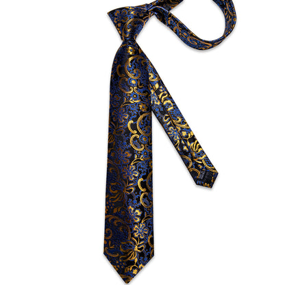 Elegant Black, Blue, and Gold Floral Silk Tie, Pocket Square and Cufflinks tie sets    - Sophisticated Gentlemen