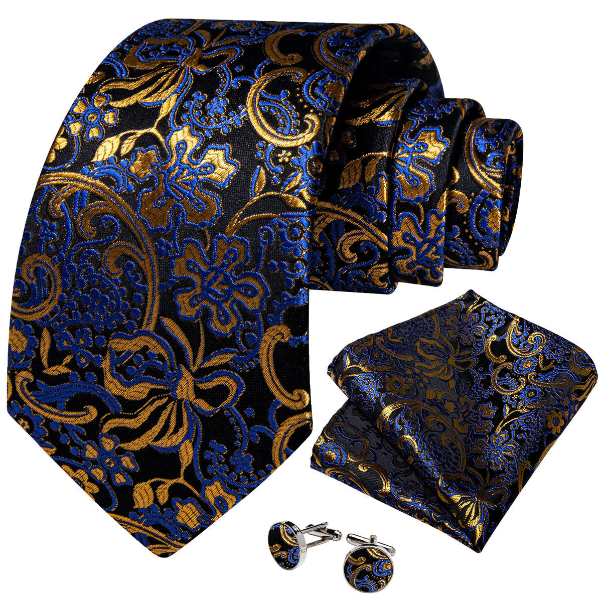 Elegant Black, Blue, and Gold Floral Silk Tie, Pocket Square and Cufflinks tie sets    - Sophisticated Gentlemen