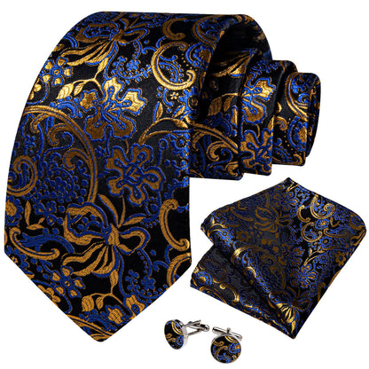 Elegant Black, Blue, and Gold Floral Silk Tie, Pocket Square and Cufflinks tie sets    - Sophisticated Gentlemen