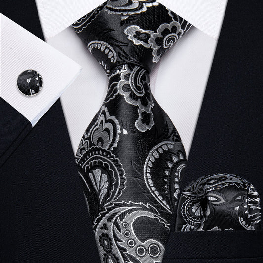 Black and Silver Paisley Silk Tie, Pocket Square and Cufflinks tie sets    - Sophisticated Gentlemen