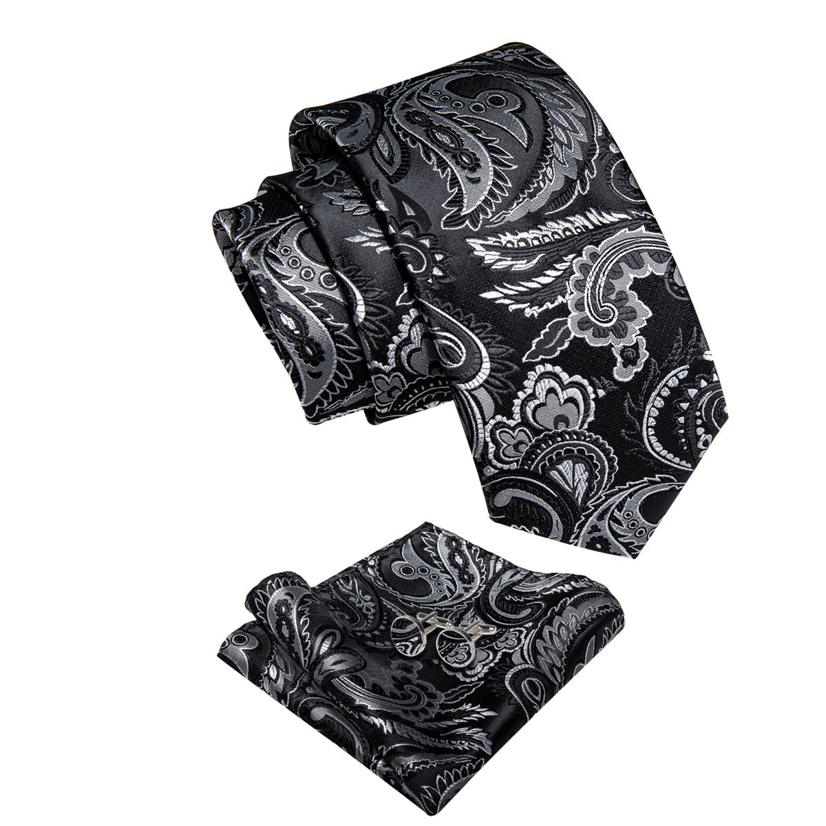 Black and Silver Paisley Silk Tie, Pocket Square and Cufflinks tie sets    - Sophisticated Gentlemen