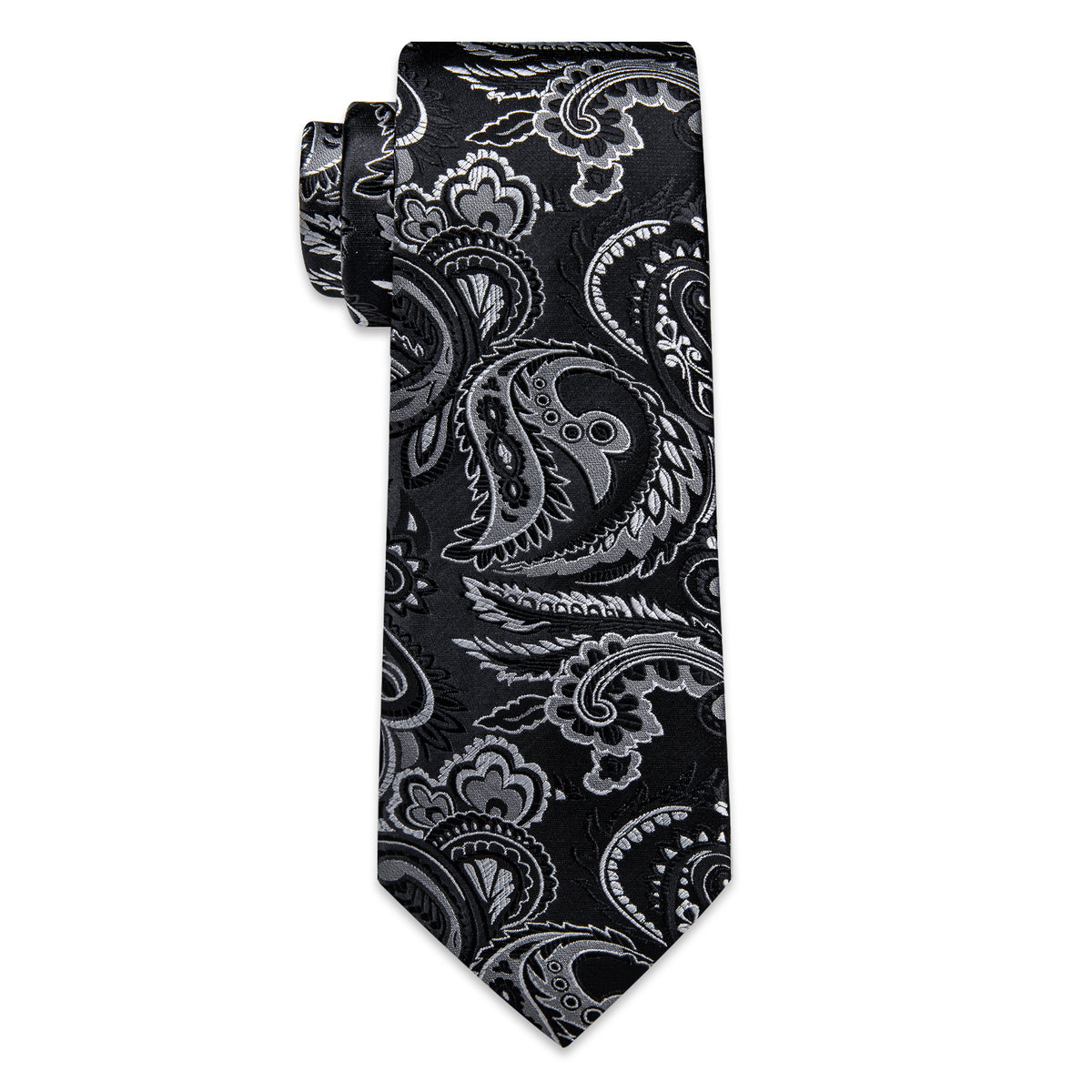 Black and Silver Paisley Silk Tie, Pocket Square and Cufflinks tie sets    - Sophisticated Gentlemen