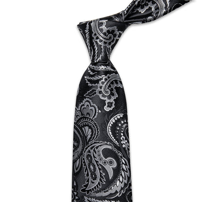 Black and Silver Paisley Silk Tie, Pocket Square and Cufflinks tie sets    - Sophisticated Gentlemen