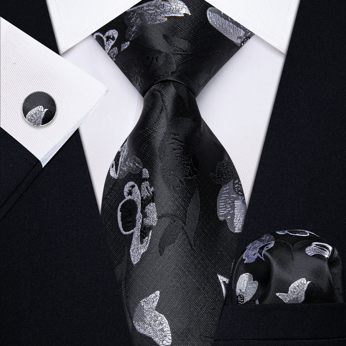Black and White Floral Silk Tie, Pocket Square and Cufflinks tie sets    - Sophisticated Gentlemen