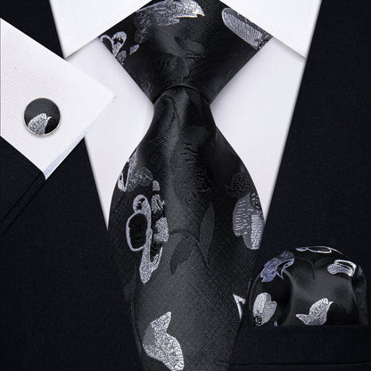Black and White Floral Silk Tie, Pocket Square and Cufflinks tie sets    - Sophisticated Gentlemen