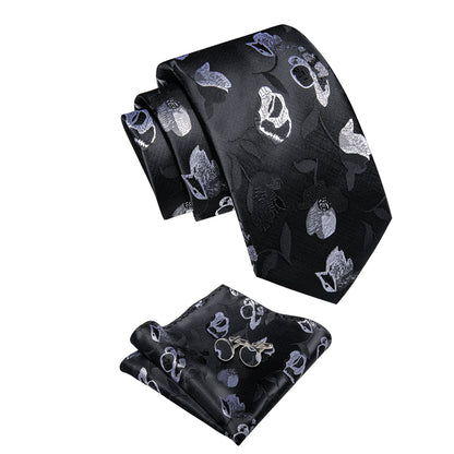 Black and White Floral Silk Tie, Pocket Square and Cufflinks tie sets    - Sophisticated Gentlemen