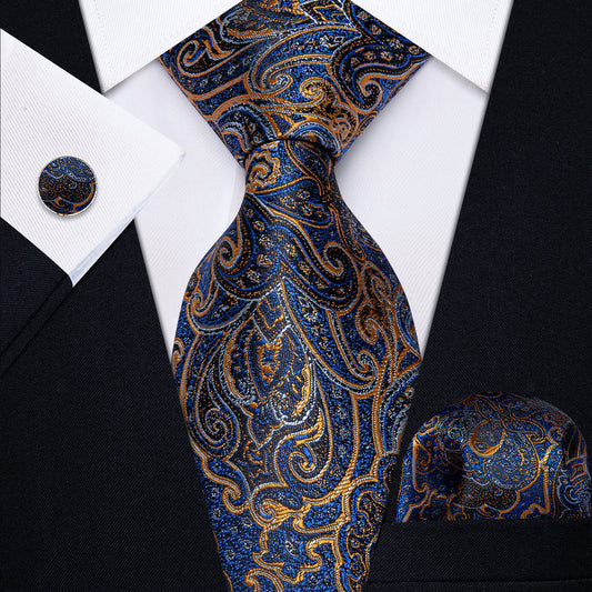 Blue and Gold Paisley Silk Tie, Pocket Square and Cufflinks tie sets    - Sophisticated Gentlemen