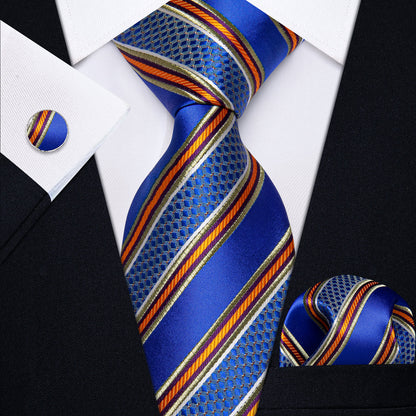 Blue and Orange Striped Silk Tie, Pocket Square and Cufflinks tie sets    - Sophisticated Gentlemen