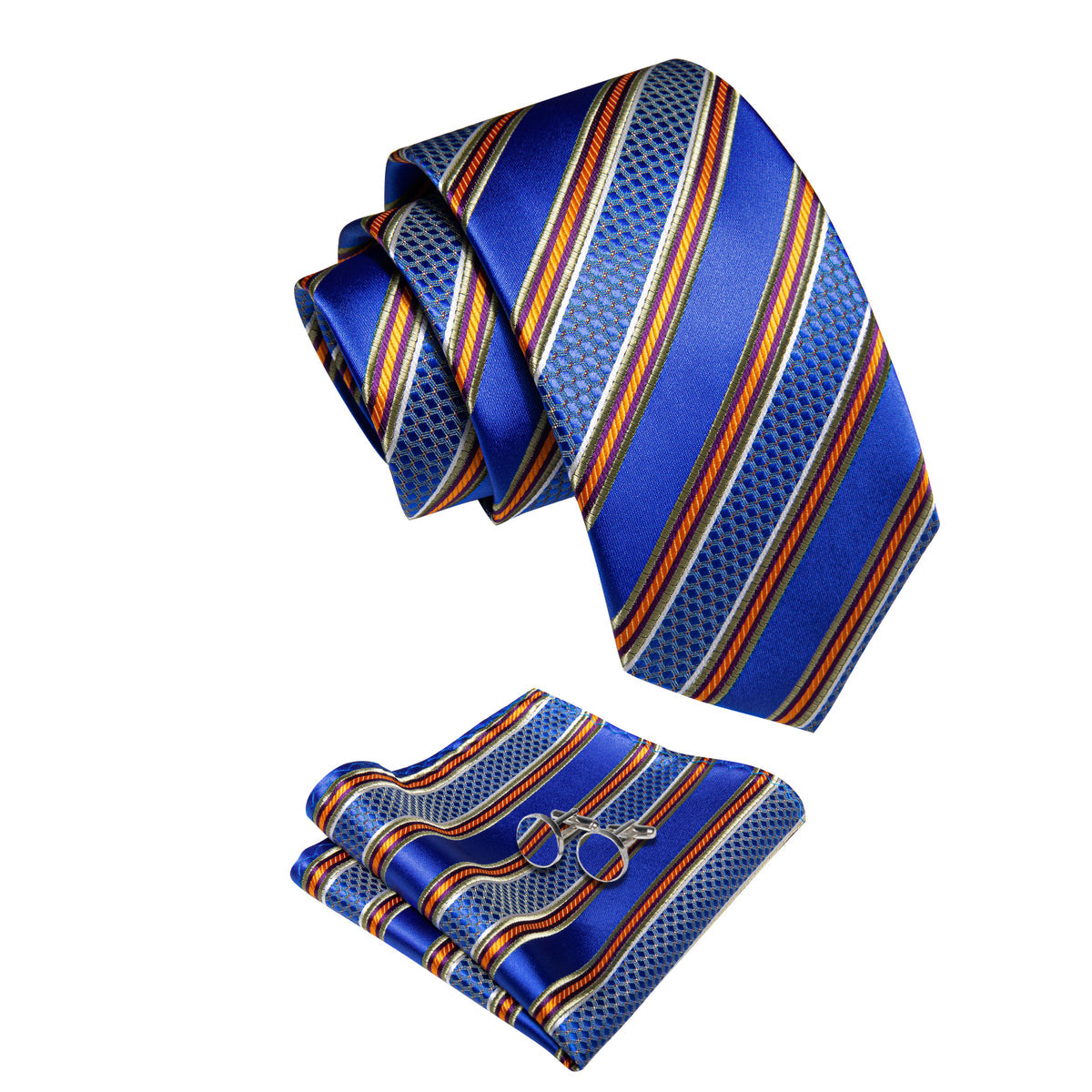 Blue and Orange Striped Silk Tie, Pocket Square and Cufflinks tie sets    - Sophisticated Gentlemen
