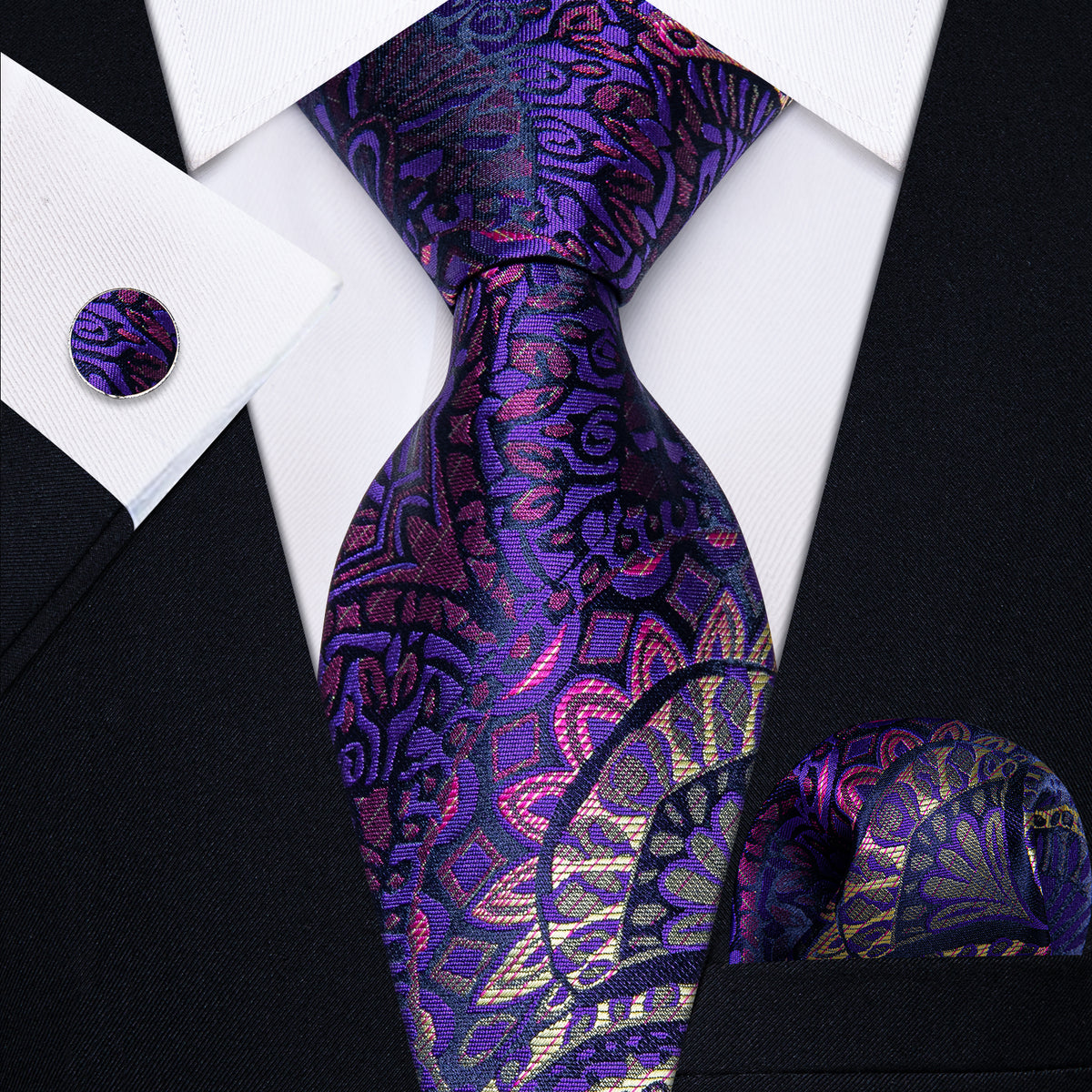 Purple, Pink and Yellow Floral Silk Tie, Pocket Square and Cufflinks tie sets    - Sophisticated Gentlemen