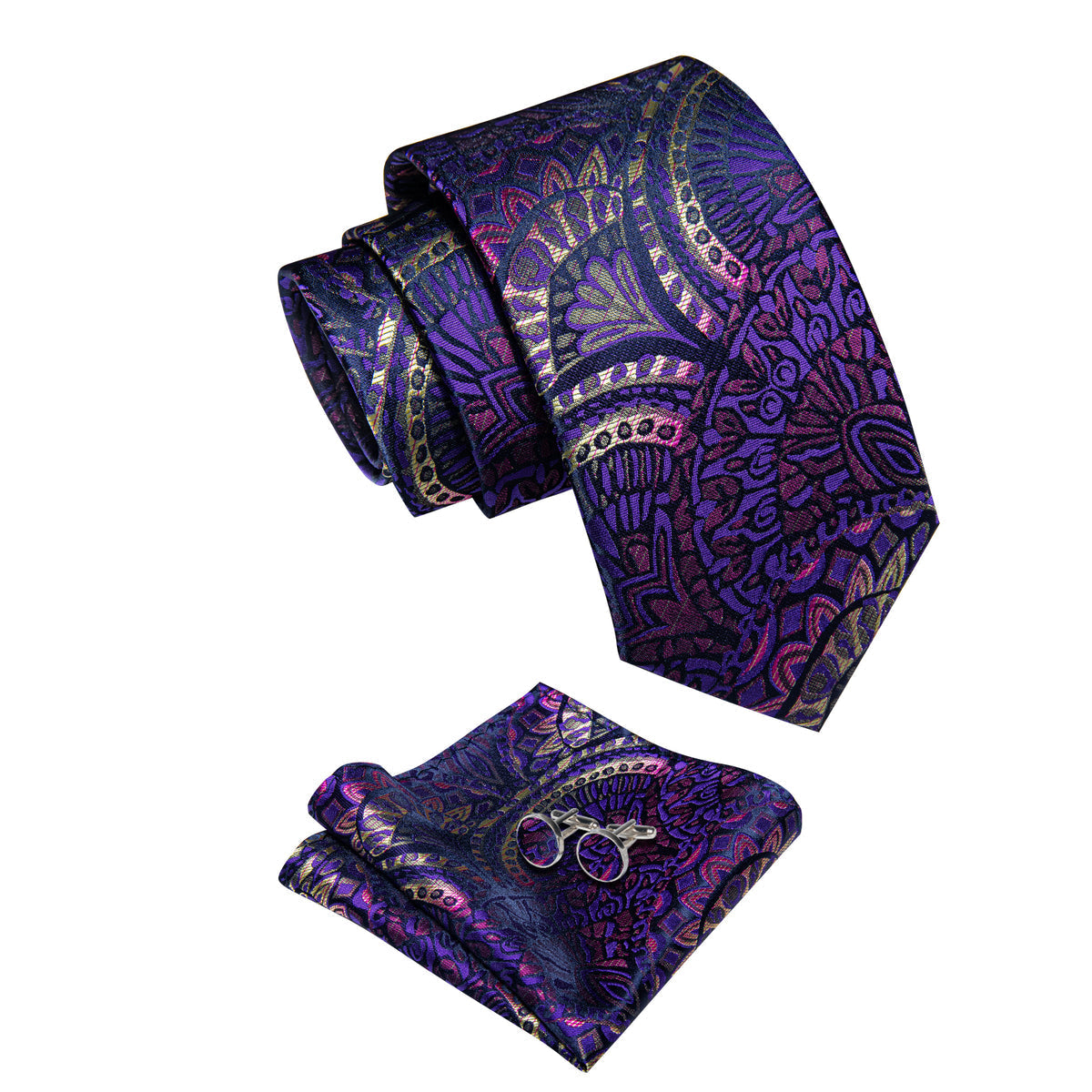 Purple, Pink and Yellow Floral Silk Tie, Pocket Square and Cufflinks tie sets    - Sophisticated Gentlemen
