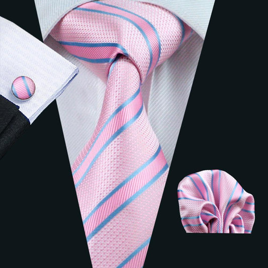 Pink Solid Blue Striped Silk Tie, Pocket Square and Cufflinks Set tie sets    - Sophisticated Gentlemen